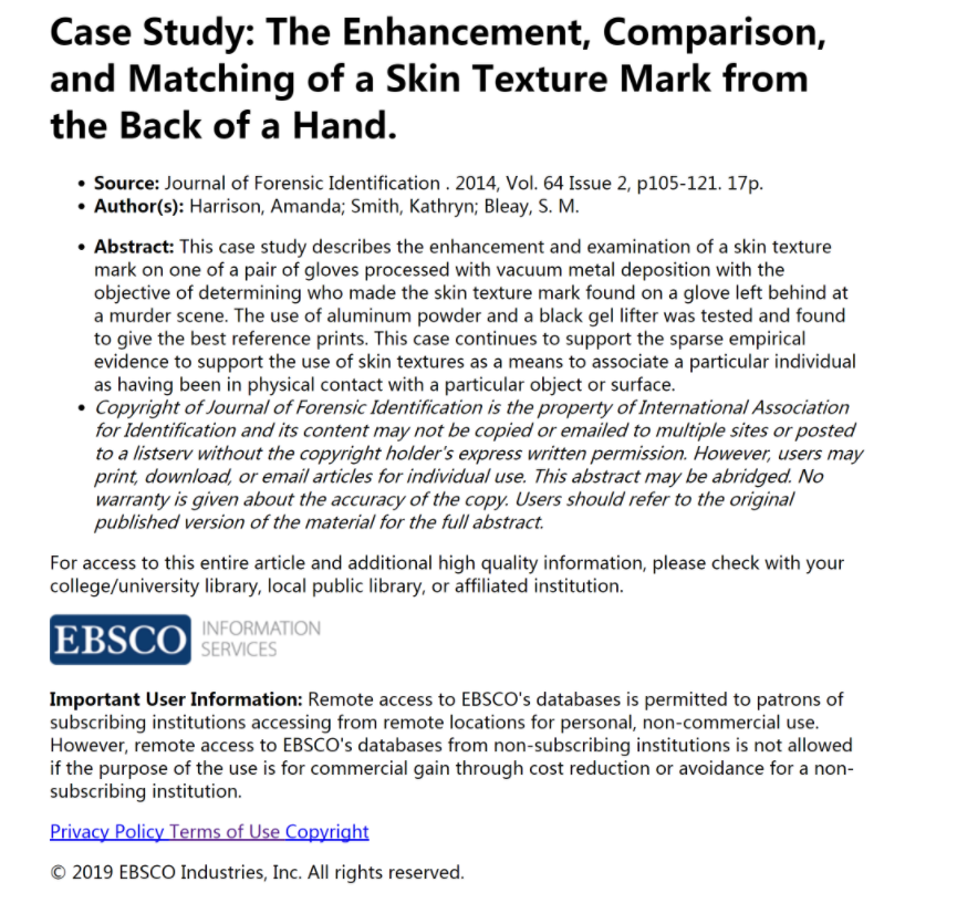 The Enhancement, Comparison, and Matching of a Skin Texture Mark from the Back of a Hand