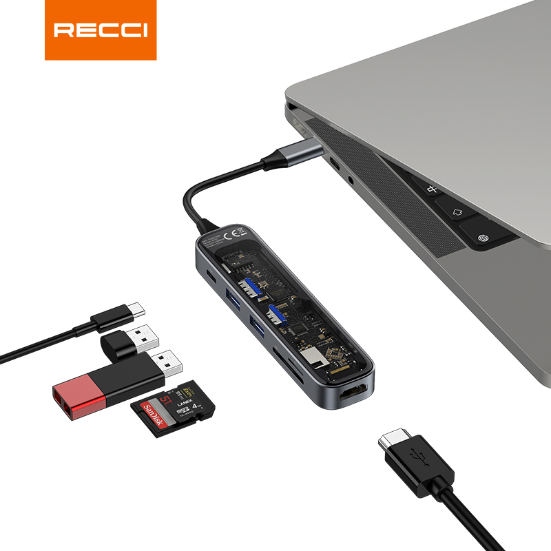 锐思 RH21 六合一HUB数据线转接口Type-C TO HDMI+ USB-A+USB-C+1xSD+ 1xTF