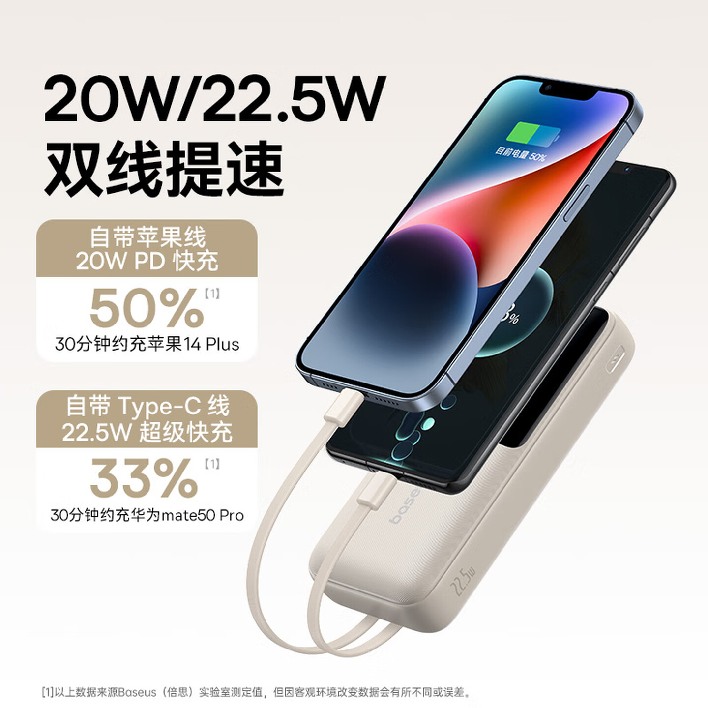 倍思【3C认证可上飞机】充电宝自带线20000毫安大容量小巧便携快充移动电源适用苹果17小米Pro华为手机